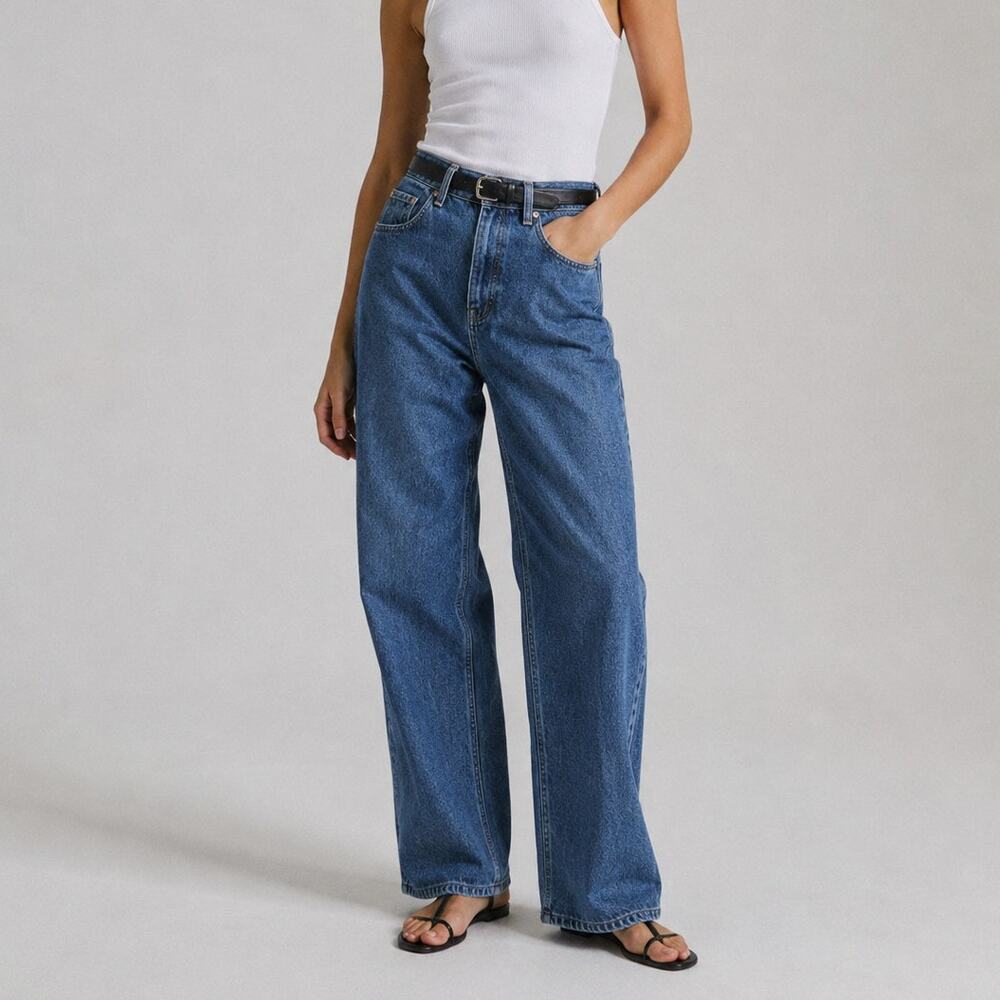Evermore Jeans Womens S Blue Denim High-rise Wide Leg Straight